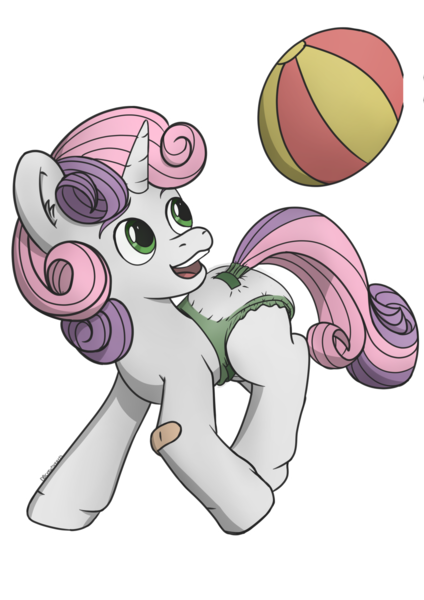 Size: 1280x1811 | Tagged: suggestive, alternate version, artist:db, artist:dbcreativeart, derpibooru import, sweetie belle, pony, unicorn, ball, diaper, diaper fetish, fetish, image, png, solo