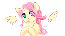 Size: 1280x720 | Tagged: safe, artist:sugarberry, fluttershy, pegasus, pony, floating wings, hooves together, image, open mouth, png, simple background, solo, wings