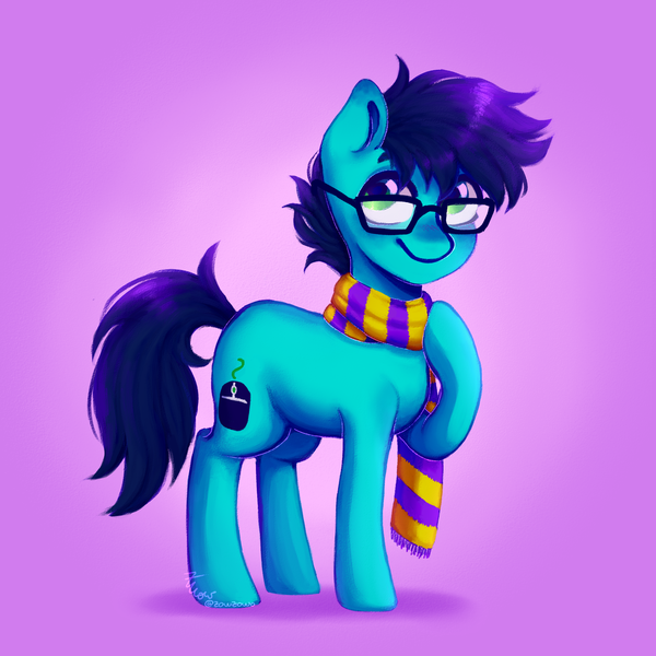 Size: 2000x2000 | Tagged: safe, artist:zowzowo, derpibooru import, oc, earth pony, pony, blue mane, blue pony, clothes, commission, computer mouse, fullbody, glasses, green eyes, hoof on chest, image, male, png, purple background, scarf, simple background, simple backgroung, solo, standing, three quarter view