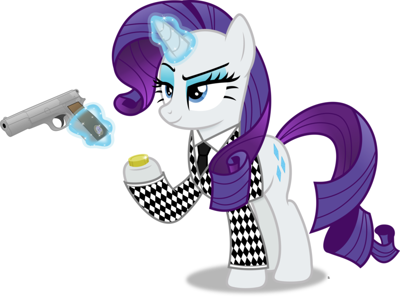 Size: 4945x3699 | Tagged: safe, artist:anime-equestria, derpibooru import, rarity, pony, unicorn, bit, clothes, eyeshadow, fallout, fallout: new vegas, female, gun, handgun, horn, image, levitation, magic, makeup, mare, necktie, pistol, png, simple background, smiling, solo, suit, tack, telekinesis, transparent background, vector, weapon