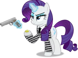 Size: 4945x3699 | Tagged: safe, artist:anime-equestria, derpibooru import, rarity, pony, unicorn, bit, clothes, eyeshadow, fallout, fallout: new vegas, female, gun, handgun, horn, image, levitation, magic, makeup, mare, necktie, pistol, png, simple background, smiling, solo, suit, tack, telekinesis, transparent background, vector, weapon