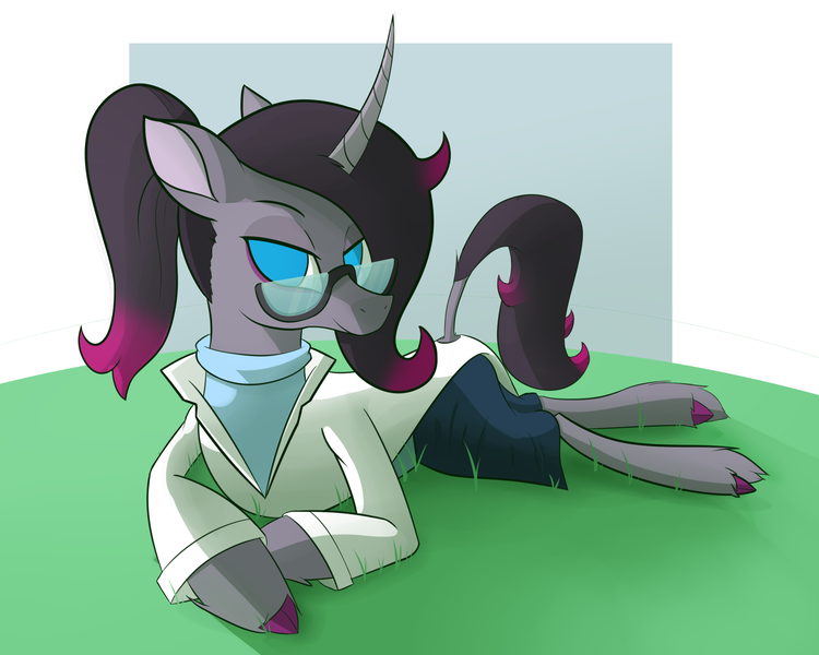 Size: 2500x2000 | Tagged: safe, artist:hitsuji, derpibooru import, oleander (tfh), unicorn, them's fightin' herds, clothes, community related, glasses, image, lab coat, looking at you, lying down, png, ponytail, simple background, skirt, solo