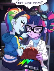 Size: 680x900 | Tagged: safe, artist:ta-na, derpibooru import, rainbow dash, sci-twi, twilight sparkle, equestria girls, alternate hairstyle, bags under eyes, book, boop, butt, clothes, dialogue, energy drink, fangs, glasses, headband, hoodie, image, lab coat, lidded eyes, monster energy, png, rainbutt dash, requested art, science, short hair, sweat, tired, wristband