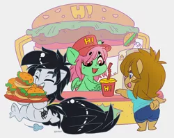 Size: 900x717 | Tagged: safe, artist:thegamercolt, derpibooru import, oc, oc:autumn, oc:pencil swirl, oc:thegamercolt, earth pony, pegasus, big tail, burger, cap, chibi, cutie mark, drink, fast food, fluffy, food, hat, image, jpeg, lemming, soda, workplace