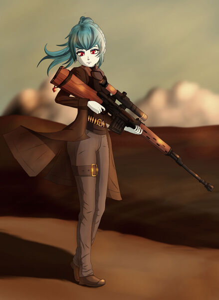 Size: 1024x1400 | Tagged: safe, artist:kuya64, derpibooru import, sonata dusk, human, equestria girls, belt, blue hair, blurry background, cloud, crossover, dragunov, dragunov svd, gun, heart, image, jpeg, looking at you, red eyes, rifle, sniper rifle, svd, weapon