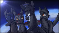 Size: 1800x1000 | Tagged: safe, artist:andromailus, oc, unofficial characters only, original species, plane pony, pony, a-12, eyes closed, female, group photo, hug, image, mlem, plane, png, siblings, silly, sisters, smiling, sr-71 blackbird, tongue out, u-2, yf-12