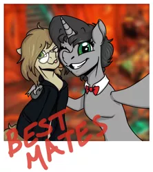 Size: 602x679 | Tagged: safe, artist:lightgraphicsdraws, artist:sierra flyer, derpibooru import, doctor whooves, time turner, oc, oc:literatehistory, oc:theta, earth pony, pony, unicorn, best friends, best friends forever, best friends until the end of time, bowtie, clothes, coat, collar, doctor who, fetlock tuft, friendship, glasses, image, jacket, photo, png, polaroid, selfie, tardis, tardis console room, tardis control room, theterate