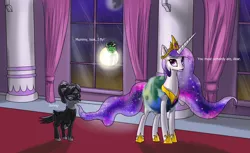 Size: 3600x2200 | Tagged: safe, artist:andromailus, derpibooru import, princess celestia, raven, oc, oc:anon, alicorn, bird, pony, raven (bird), unicorn, anon pony, anonicorn, catasterism, clothes, colt, costume, cute, dialogue, earth, female, floating, hnnng, horn, image, long horn, male, mare, missing horn, momlestia, nightmare night, orbit, png, pun, sun, too cute, visual pun