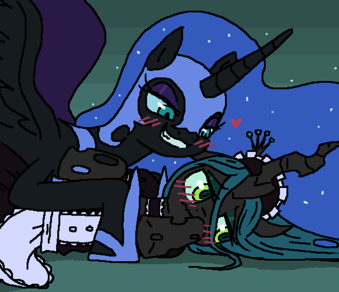 Size: 1148x988 | Tagged: artist needed, safe, derpibooru import, nightmare moon, queen chrysalis, alicorn, changeling, pony, blushing, chrysmoon, clothes, female, heart, image, lesbian, maid, mare, png, shipping