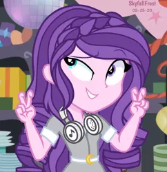 Size: 1448x1498 | Tagged: safe, artist:skyfallfrost, derpibooru import, oc, oc:midnight lullaby, equestria girls, air quotes, clothes, headphones, heterochromia, image, png, solo