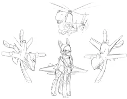 Size: 4500x3500 | Tagged: safe, artist:andromailus, oc, unofficial characters only, original species, plane pony, pony, predator drone, black and white, drone, f-35, flying, grayscale, helicopter, image, monochrome, mq-25 stingray, mq-8 fire scout, plane, png