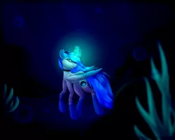 Size: 2500x2000 | Tagged: safe, artist:jessy2015, derpibooru import, oc, unofficial characters only, alicorn, pony, blue eyes, bubble, crepuscular rays, dark, deviantart watermark, flowing mane, glow, glowing horn, horn, image, obtrusive watermark, ocean, open mouth, png, seaweed, solo, underwater, water, watermark, wings