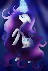 Size: 2023x2963 | Tagged: safe, artist:melodysweetheart, derpibooru import, rarity, pony, unicorn, collaboration, colored pupils, crepuscular rays, eyes closed, female, flowing mane, flowing tail, glowing horn, horn, image, looking up, ocean, png, signature, solo, underwater, water