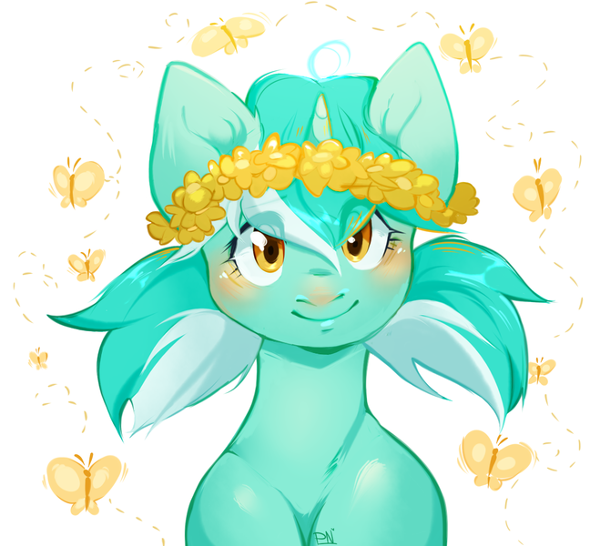 Size: 1266x1173 | Tagged: safe, artist:pledus, derpibooru import, lyra heartstrings, butterfly, insect, pony, unicorn, blushing, bust, cute, female, floral head wreath, flower, image, looking at you, lyrabetes, mare, pigtails, png, simple background, solo, white background