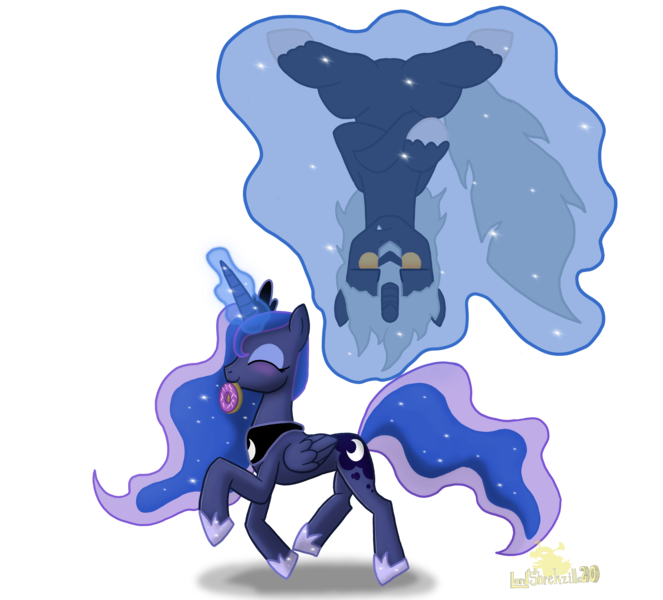 Size: 2751x2488 | Tagged: safe, artist:lordshrekzilla20, derpibooru import, princess luna, ponified, kaiju, kaiju pony, pony, donut, food, godzilla, godzilla (series), godzilla junior, image, levitation, lunazilla, magic, png, telekinesis, unamused