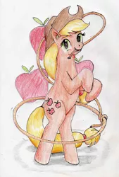 Size: 2805x4158 | Tagged: safe, artist:40kponyguy, derpibooru import, applejack, earth pony, pony, applejack's hat, bipedal, cowboy hat, cutie mark background, derpibooru exclusive, ear fluff, female, hat, image, jpeg, lasso, looking at you, mare, mouth hold, rope, simple background, solo, traditional art