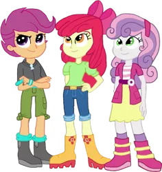 Size: 1415x1501 | Tagged: safe, artist:jebens1, artist:therandomone95, derpibooru import, apple bloom, scootaloo, sweetie belle, equestria girls, adorabloom, apple bloom's bow, belt, boots, bow, clothes, crossed arms, cute, cutealoo, cutie mark crusaders, diasweetes, hair bow, hand on hip, hoodie, image, jacket, jeans, looking at something, looking up, pants, png, shirt, shoes, shorts, skirt, smiling