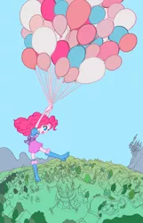 Size: 1321x2048 | Tagged: safe, artist:binco_293, derpibooru import, pinkie pie, equestria girls, balloon, bow, canterlot, clothes, female, floating, flying, happy, image, jpeg, ponyville, ponyville town hall, skirt, smiling, solo, then watch her balloons lift her up to the sky