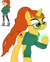 Size: 1080x1350 | Tagged: safe, artist:ponyrefaa, derpibooru import, ponified, human, pony, unicorn, 2021, boots, clothes, crossover, duo, female, glasses, glowing hooves, horn, image, infinity train, jpeg, mare, shoes, simple background, tulip olsen, white background