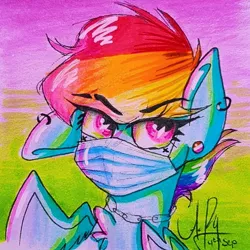 Size: 728x728 | Tagged: safe, artist:galaxy.in.mind, derpibooru import, rainbow dash, pegasus, pony, bust, ear piercing, earring, eyelashes, face mask, female, image, jewelry, jpeg, mare, mask, piercing, signature, solo, traditional art, wings
