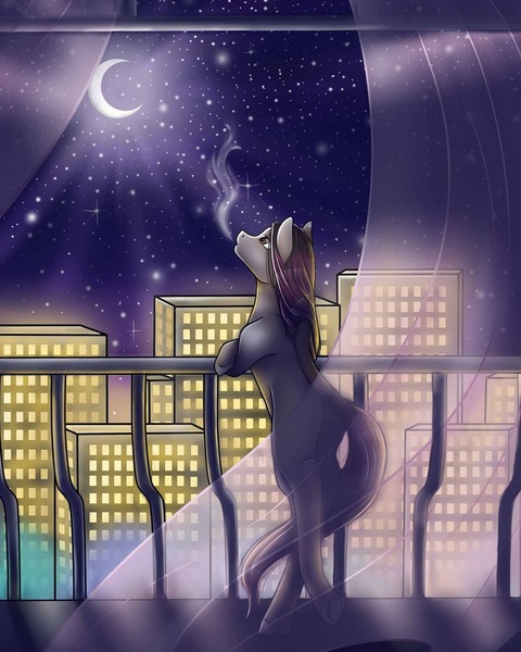 Size: 1080x1351 | Tagged: safe, artist:pony_riart, derpibooru import, oc, unofficial characters only, earth pony, pony, balcony, building, crescent moon, earth pony oc, female, image, jpeg, looking up, mare, moon, night, outdoors, smoking, solo, transparent moon