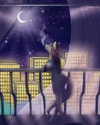 Size: 1080x1351 | Tagged: safe, artist:pony_riart, derpibooru import, oc, unofficial characters only, earth pony, pony, balcony, building, crescent moon, earth pony oc, female, image, jpeg, looking up, mare, moon, night, outdoors, smoking, solo, transparent moon