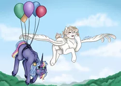 Size: 1080x764 | Tagged: safe, artist:pony_riart, derpibooru import, oc, unofficial characters only, pegasus, pony, unicorn, balloon, cloud, duo, eyes closed, female, floating, flying, horn, image, jpeg, mare, outdoors, pegasus oc, spread wings, unicorn oc, wings