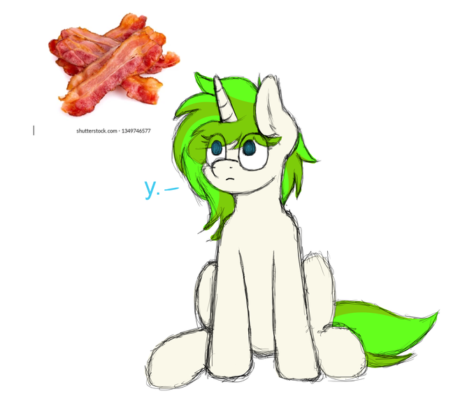 Size: 2167x1918 | Tagged: safe, artist:aaathebap, derpibooru import, oc, oc:vinyl mix, pony, unicorn, bacon, confused, food, funny, high res, image, lost, meat, png, sitting, why