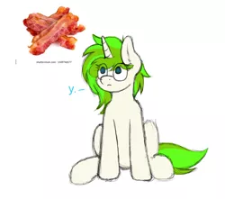 Size: 2167x1918 | Tagged: safe, artist:aaathebap, derpibooru import, oc, oc:vinyl mix, pony, unicorn, bacon, confused, food, funny, high res, image, lost, meat, png, sitting, why