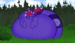 Size: 4068x2316 | Tagged: suggestive, artist:aaathebap, derpibooru import, oc, oc:aaaaaaaaaaa, belly, belly bed, big belly, blueberry, blueberry inflation, butt, food, forest, huge belly, huge butt, image, impossibly large belly, inflating, inflation, jpeg, large butt, outdoors, solo, swelling, tree, unwilling