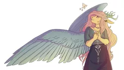 Size: 3616x2047 | Tagged: safe, artist:shimazun, derpibooru import, fluttershy, anthro, butterfly, draconequus, insect, unguligrade anthro, fanfic:my little pony: the unexpected future, draconequified, flutterequus, horns, image, png, species swap, white rose