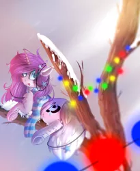 Size: 1736x2113 | Tagged: safe, artist:mediasmile666, derpibooru import, oc, unofficial characters only, pony, unicorn, branches, christmas ornament, clothes, decoration, female, image, looking back, mare, ornament, png, scarf, snow, snowfall, socks, tongue out, winter