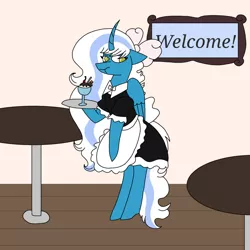 Size: 1280x1280 | Tagged: safe, artist:icydarkflame, derpibooru import, oc, oc:fleurbelle, alicorn, anthro, pony, alicorn oc, apron, bow, cafe, clothes, dress, female, food, hair bow, horn, ice cream, image, jpeg, maid, mare, tables, wings, yellow eyes