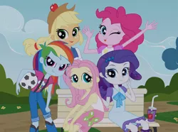 Size: 2342x1740 | Tagged: safe, derpibooru import, edit, edited screencap, editor:damaged, screencap, applejack, fluttershy, pinkie pie, rainbow dash, rarity, equestria girls, equestria girls (movie), alternate hairstyle, apple, applejack's hat, ball, cowboy hat, cropped, female, food, freckles, hat, image, one eye closed, open mouth, park bench, png, soccer ball (object), tongue out, wink, younger