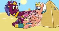 Size: 1280x691 | Tagged: safe, artist:ltcolonelwhipper, artist:wolvinof, derpibooru import, pinkie pie, prince hisan, somnambula, sphinx (character), earth pony, human, inflatable pony, pegasus, pooltoy pony, sphinx, confused, desert, happy, hug, human to pony, image, inflatable, inflatable scenery, jpeg, macro, magic, parade balloon, pool toy, pyramid, request, rubber, spell, transformation