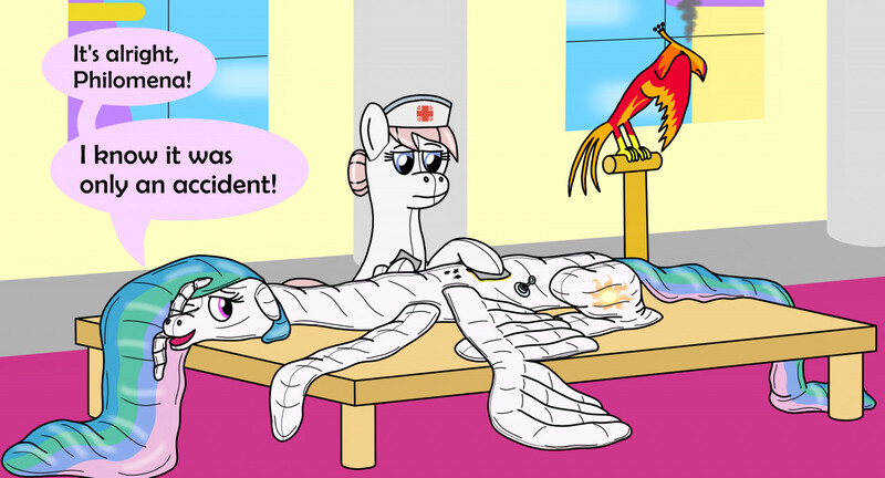 Size: 1280x691 | Tagged: safe, artist:wolvinof, derpibooru import, nurse redheart, philomena, princess celestia, alicorn, earth pony, inflatable pony, phoenix, pooltoy pony, series:deflation is magic, accident, ashamed, bored, canterlot castle, comforting, deflated, deflation, fixing, glue, healthcare, image, inflatable, jpeg, patches, pool toy, puncture, repairing, table, unimpressed