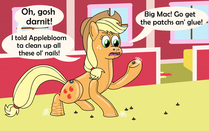 Size: 1280x803 | Tagged: safe, artist:wolvinof, derpibooru import, apple bloom, applejack, earth pony, inflatable pony, pooltoy pony, series:deflation is magic, annoyed, applejack's hat, barn, calling, complaining, cowboy hat, deflated, deflating, deflation, hat, hay bale, image, inflatable, jpeg, nails, pool toy, puncture, sweet apple acres