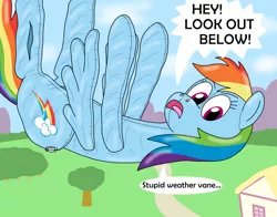 Size: 1280x1005 | Tagged: safe, artist:wolvinof, derpibooru import, rainbow dash, inflatable pony, pegasus, pooltoy pony, series:deflation is magic, annoyed, deflating, deflation, falling, image, inflatable, jpeg, ponyville, pool toy, puncture, sky, warning, yelling