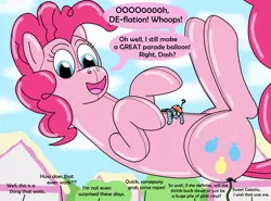 Size: 1280x946 | Tagged: safe, artist:wolvinof, derpibooru import, pinkie pie, rainbow dash, earth pony, inflatable pony, pegasus, pooltoy pony, series:deflation is magic, breaking the fourth wall, comically missing the point, comments, confused, deflated, deflation, floating, happy, helium inflation, hose, image, inflatable, inflating, inflation, jpeg, macro, mistake, offscreen character, parade balloon, pinkie being pinkie, ponyville, pool toy