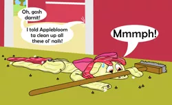 Size: 1280x781 | Tagged: safe, artist:wolvinof, derpibooru import, apple bloom, applejack, earth pony, inflatable pony, pooltoy pony, series:deflation is magic, apple bloom's bow, barn, bow, broom, deflating, deflation, hair bow, helpless, image, inflatable, jpeg, muffled words, nails, offscreen character, pool toy, puncture, stuck, sweat, sweatdrop, sweet apple acres, worried