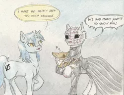 Size: 2273x1745 | Tagged: safe, artist:cindertale, derpibooru import, oc, oc:cinder, ponified, unofficial characters only, deer, pony, unicorn, chest fluff, clothes, deer oc, dialogue, ear fluff, hellraiser, holding a pony, horn, image, jpeg, male, onomatopoeia, raised hoof, sleeping, sound effects, stallion, traditional art, unicorn oc, zzz