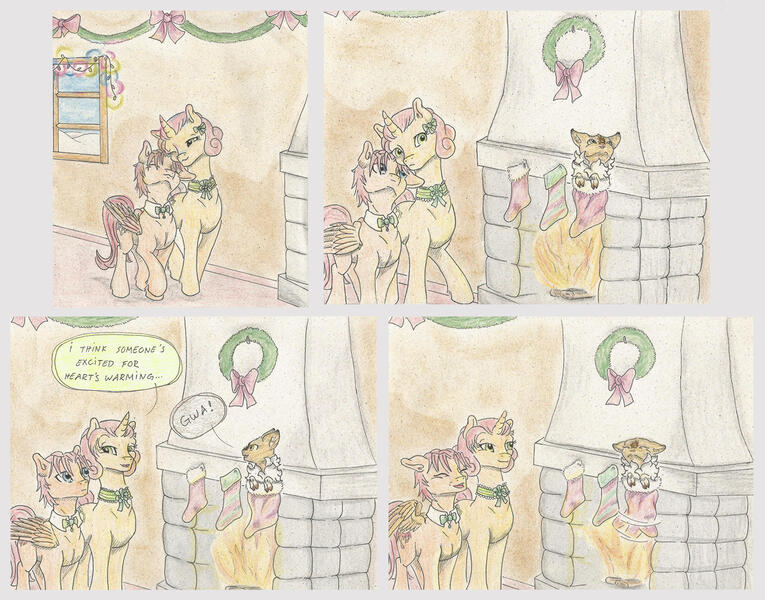 Size: 1902x1492 | Tagged: safe, artist:cindertale, derpibooru import, oc, oc:cinder, unofficial characters only, deer, pegasus, pony, unicorn, christmas, christmas stocking, christmas wreath, deer oc, dialogue, eyes closed, female, fireplace, holiday, horn, image, jpeg, male, mare, nuzzling, pegasus oc, traditional art, unicorn oc, wings, wreath