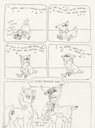 Size: 2115x2835 | Tagged: safe, artist:cindertale, derpibooru import, oc, unofficial characters only, deer, pony, unicorn, chest fluff, deer oc, dialogue, holding a pony, horn, image, jpeg, lineart, male, monochrome, music notes, raised hoof, scared, stallion, traditional art, unicorn oc