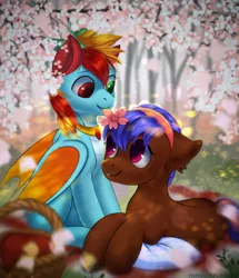 Size: 1290x1500 | Tagged: safe, artist:honeyapplecake, artist:honeyapplecake1, derpibooru import, oc, oc:drivel, oc:hearts desire, dragon, earth pony, pony, background, cherry blossoms, flower, flower blossom, image, jpeg, scenery, sun