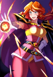 Size: 800x1147 | Tagged: safe, artist:tzc, derpibooru import, sunset shimmer, belt, blushing, breasts, cape, clothes, cosplay, costume, crossover, female, fire, gloves, image, jpeg, lina inverse, magic, open mouth, pants, slayers, solo, vest