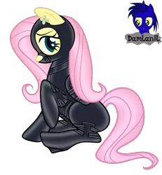 Size: 3840x4154 | Tagged: safe, artist:damlanil, derpibooru import, fluttershy, pegasus, pony, blushing, bondage, bondage mask, catsuit, clothes, collar, cute, cutie mark accessory, female, gag, gimp suit, high heels, hood, image, latex, latex suit, makeup, mare, muzzle gag, png, raised hoof, rubber, shiny, shiny mane, shoes, show accurate, shyabetes, simple background, sitting, solo, spread wings, transparent background, vector, wings
