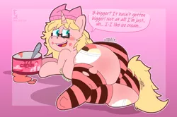 Size: 2488x1652 | Tagged: suggestive, artist:icecreamjaxxie, banned from derpibooru, deleted from derpibooru, derpibooru import, oc, oc:mille feuille, unofficial characters only, human, pony, unicorn, back freckles, blushing, both cutie marks, butt, butt freckles, chubby, clothes, denial, fat, fat fetish, female, fetish, food, freckles, glasses, ice cream, image, irl, irl human, jiggle, large butt, looking at you, looking back, mare, messy eating, onomatopoeia, panties, photo, plot, png, rear view, sitting, socks, solo, stock image, stomach noise, striped panties, striped socks, the ass was fat, underwear, wardrobe malfunction