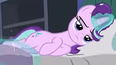 Size: 387x218 | Tagged: safe, derpibooru import, edit, edited screencap, screencap, starlight glimmer, pony, unicorn, rock solid friendship, bed, bedroom, cropped, female, image, jpeg, lying down, mare, on bed, pillow, solo