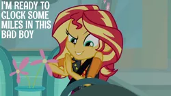 Size: 1280x720 | Tagged: safe, derpibooru import, edit, edited screencap, editor:quoterific, screencap, sunset shimmer, driving miss shimmer, equestria girls, equestria girls series, clothes, cutie mark, cutie mark on clothes, driving miss shimmer: fluttershy, female, fluttershy's car, image, jacket, jewelry, jpeg, leather, leather jacket, necklace, seatbelt, smiling, solo, steering wheel