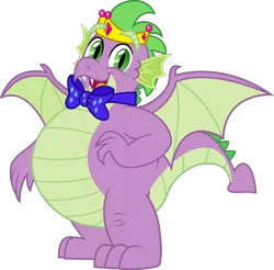 Size: 5000x4920 | Tagged: safe, artist:aleximusprime, artist:n0kkun, derpibooru import, edit, spike, dragon, flurry heart's story, bowtie, bowties are cool, crown, image, jewelry, looking at you, male, older, older spike, open mouth, png, regalia, simple background, solo, transparent background, vector, winged spike